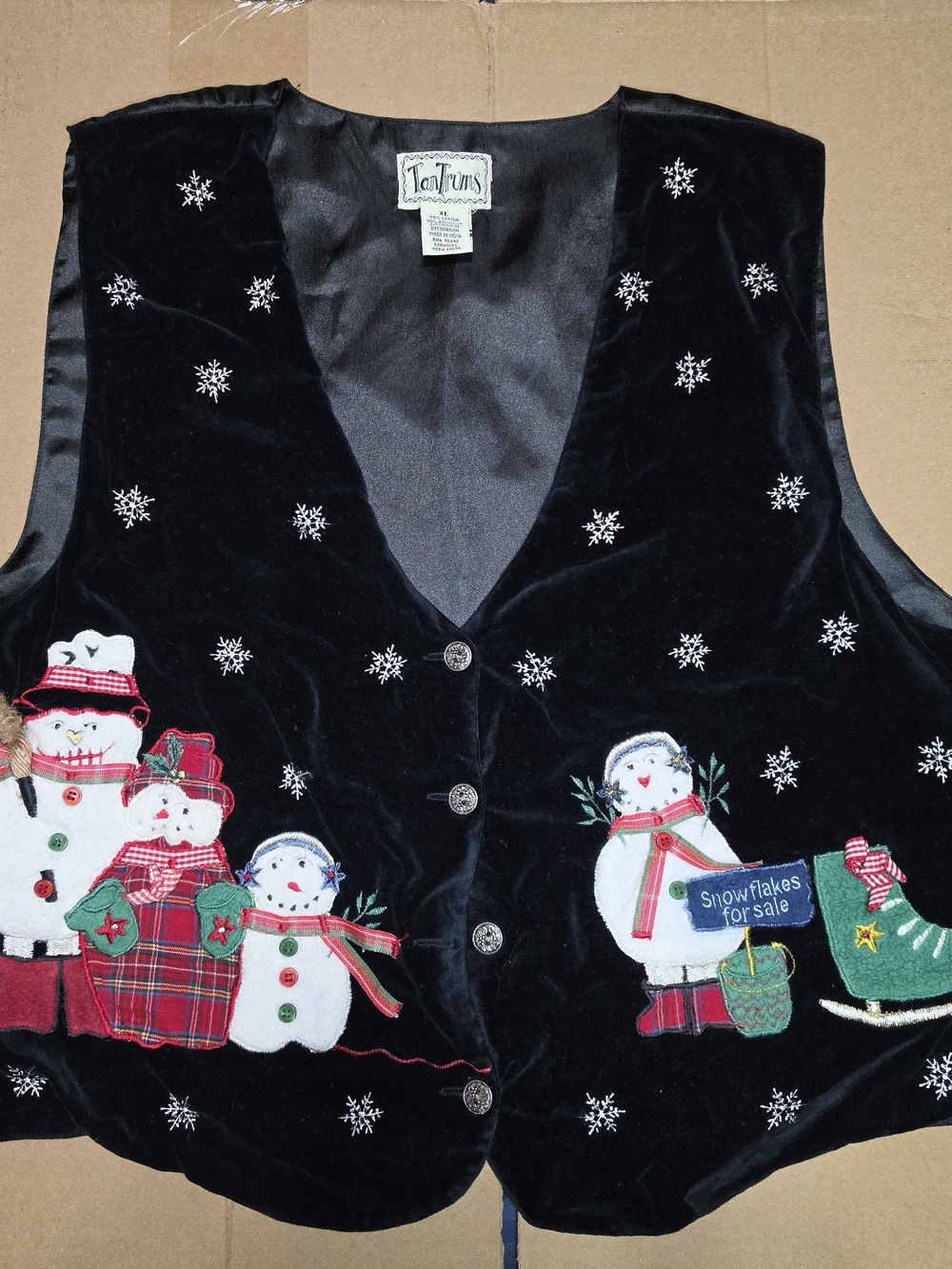 Vintage 90s Tantrums Black Velvet Snowman Christmas Vest Size Xl